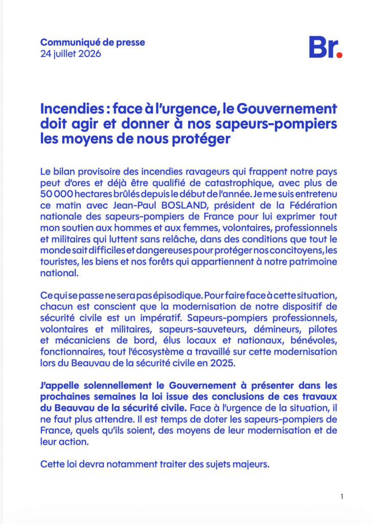 Incendies : face à l’urgence, le Gouvernement doit agir et donner à nos sapeurs-pompiers les moyens de nous protéger